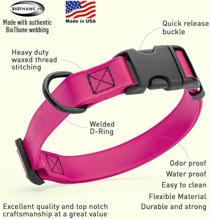 Dogline Biothane Waterproof Dog Collar with Quick Release Buckle Strong Coated Nylon Webbing with Odor- Proof for Easy Care Easy to Clean Fits Small Medium Large Dogs, Magenta Pink 3/4" W 12-19" L