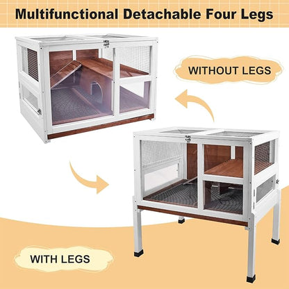 2-Story Guinea Pig Cage with Stand, Indoor Wooden Hamster Cage with Ramp, Pull-Out Tray, Hideout & Platform, Acrylic Transparent Small Animal Habitat for Chinchillas, Ferrets, Hedgehogs, Walnut