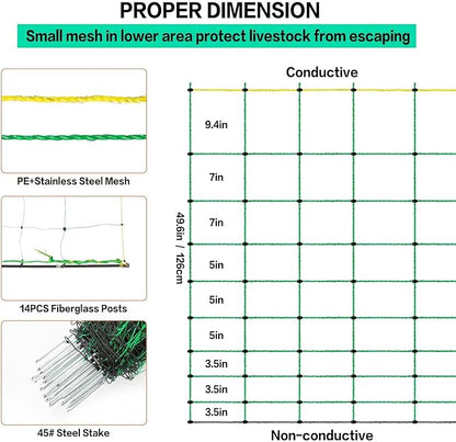 Electric Fence Netting, 49.6" H x 164' L, PE Net Fencing Kit with 14 Posts Double Spiked, Utility Portable Mesh for Sheep Hogs Goats Deer Dogs Lambs Used in Backyards Farms Ranches Patio, Green