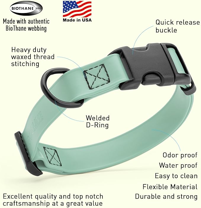 Dogline Biothane Waterproof Dog Collar with Quick Release Buckle Strong Coated Nylon Webbing with Odor- Proof for Easy Care Easy to Clean Fits Small Medium Large Dogs, Sage Green 5/8" W 9-14" L