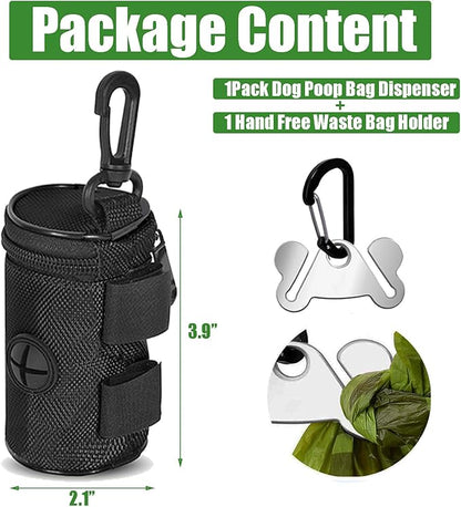 Dog Poop Bag Holder for Leash Attachment - Waste Bag Dispenser for Leash - Fits Any Dog Leash - Portable Set with Hand Free Holder Metal Carrier, Black Round Shape