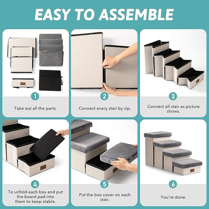 Dog Stair for Small Dogs with Storage, Foldable Pet Step with Soft Cover, Older Cat Ramp for Chair Couch Sofa, Lightweight, Durable, Comfort, 39.7x13x21.2 inch, 5 Tiers, Grey