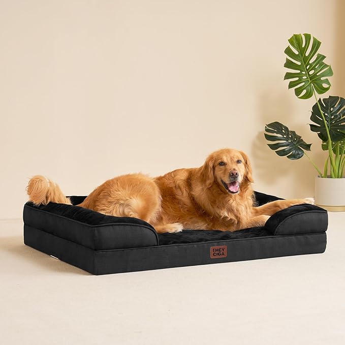 EHEYCIGA Orthopedic Dog Beds for Large Dogs, Waterproof Memory Foam Large Dog Bed with Sides, Non-Slip Bottom and Egg-Crate Foam Pet Couch Bed with Washable Removable Cover, Black