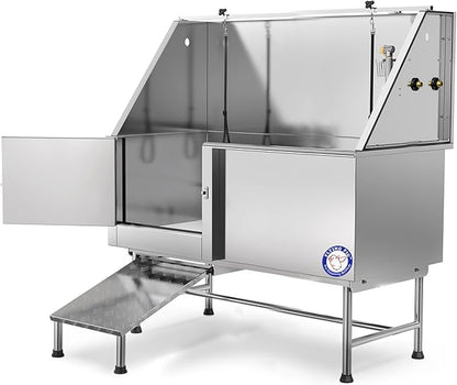 Flying Pig 62" Stainless Steel Pet Dog Grooming Bath Tub with Walk-in Ramp & Accessories (Left Door/Right Drain)