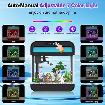Fish Tank 2.2 Gallon Fish Aquarium with Music Humidifier 7 Color Auto-Looping Light Adjustable Water Pump with Filtration & Aeration & Circulation, Temperature Display, Bottom Water Changer