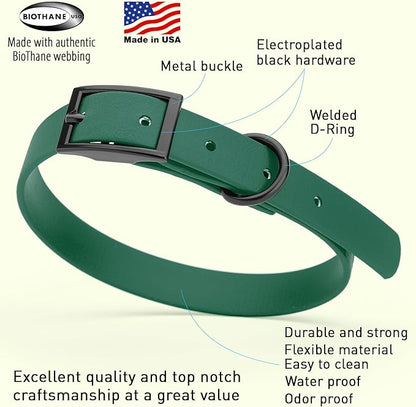 Dogline Biothane Waterproof Dog Collar Strong Coated Nylon Webbing with Black Hardware Odor- Proof for Easy Care Easy to Clean High Performance Fits Small Medium or Large Dogs, Hunter Green