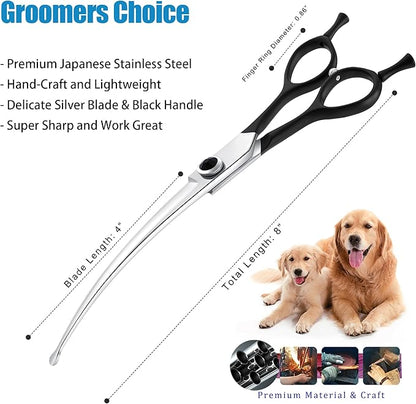 Dragon Creek 8" Downward Curved Dog Grooming Scissors Shears for Grooming Face and Paws Safety Round Tips Shears Trimming Cutting Scissors for Dog Cat Pet Black