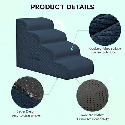 Dog Steps for Small Dogs, 4-Step Pet Ramp Stairs for High Beds and Sofa, Non-Slip Pet Stairs for Small Dogs and Cats, Removable and Easy to Clean Cover, Navy