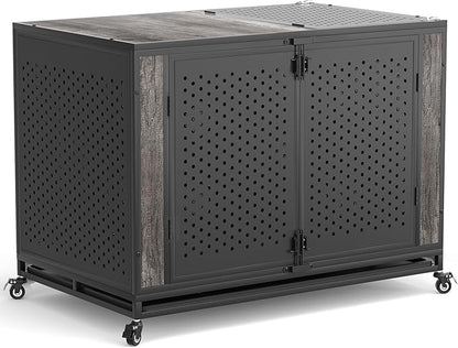 48" Heavy Duty Dog Crate Furniture for Extra Large Dogs, Enclosed Design with 0.5 inch Holes, Indestructible Metal Kennel for High Anxiety Dogs, Chew Proof Pet House Cage Indoor, Gray