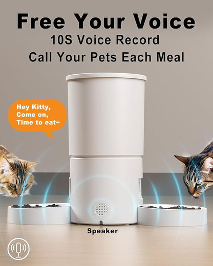 Dual Automatic Cat Feeder 2 Cats,6 Meals/Day,12 Portions/Meal,4.2L Dual Power Double Bowls Feeder,Dry Food Auto Pet Dispenser,10S Voice Record,Flexible Schedule Timer (White,Basic Dual Bowls)