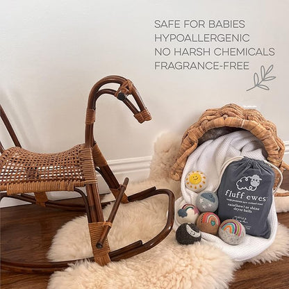 Fluff Ewes Wool Dryer Balls 6 Pack Premium New Zealand Wool Laundry Balls for Dryer, No Static Dryer Balls Laundry Reusable, XL Wool Dryer Balls Cute, Baby Dryer Balls for Dryers - Rainbow or Shine