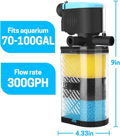 AquaMiracle Aquarium Filter 3-Stage in-Tank Filter Internal Fish Tank Filter Turtle Filter for 70-100 Gallon Fish Tanks with Dual Water Outlet & Aeration