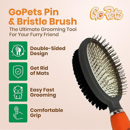 GoPets Double-Sided Pin & Bristle Brush, Dog & Cat Grooming Brush for Detangling, Shedding Control, Fur & Dirt Removal, Smooth & Efficient Pet Grooming for Healthy Coat, Comfortable Ergonomic Handle