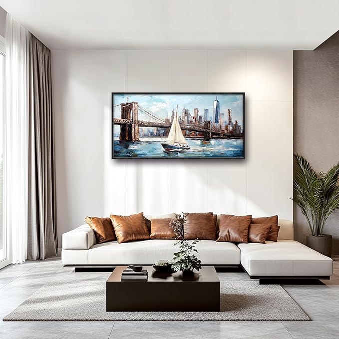 Extra Large Sailboat Framed Wall Art for Living Room,Oversized New York Brooklyn Bridge Pictures Wall Decor,Cityscape Canvas Print Painting Modern Artwork Bedroom Office Bathroom 60L" x 30W"