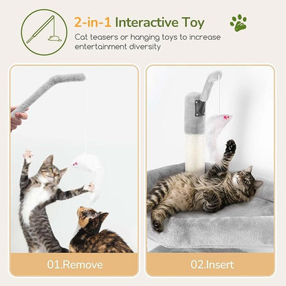 Globlazer Large Cat Tree Tower, Tall Cat Tree Condos for Indoor Cats Large Adult Cat Climbing Tower with 2 Spacious Caves, Oversized Top Perch, Big Hanging Basket, Cat Teaser Wand, F74B, Light Grey