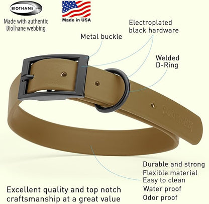 Dogline Biothane Waterproof Dog Collar Strong Coated Nylon Webbing with Black Hardware Odor- Proof for Easy Care Easy to Clean High Performance Fits Small Medium or Large Dogs, Coyote Brown
