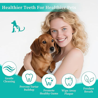 Dog Teeth Cleaning Wipes, Cat & Dog Toothbrush Brushing Kit, Dog Tooth Finger Dental Wipes to Remove Tartar & Plaque, Plant-Based Care Disposable Pet Wipes (50 Count, Uncented)