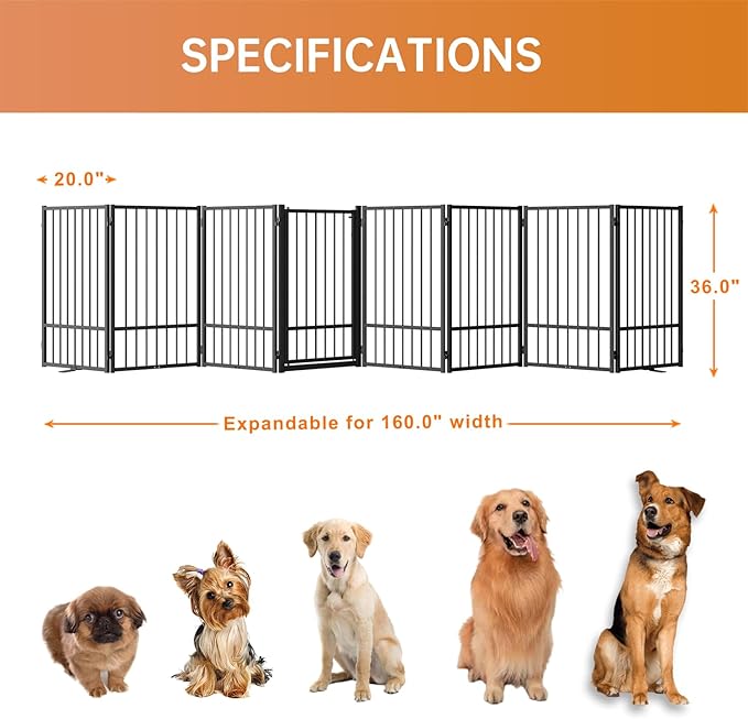 Full Metal Freestanding Dog Gate with Door, 36''Height Foldable Pet Dog Fence for Indoor & Outdoor, 8 Panels Extra Wide Free Standing TallDog Gates for Doorways,House,Stairs,Porch,Deck,Yard