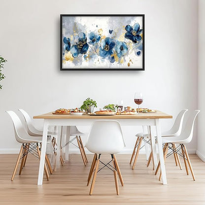 Extra Large Framed Abstract Blue Flower Wall Art,Oversized Golden Grey Floral Wall Decor Pictures for Living Room,Canvas Print Painting Modern Artwork Bedroom Office Bathroom Home Decor 36L" x 24W"