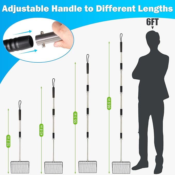 10 inch Large Chicken Poop Scooper,4 in1 Chicken Coop Poop Shovel,Adjustable 32" to 67" Stainless Steel Chicken Coop Scoop,Litter Sifting Shovel Poop Scooper for Chicken Coop Pet Waste