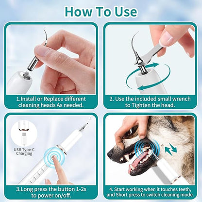 Dog Plaque Tartar Remover, Electric Toothbrush Teeth Cleaner Dental Care Kit for Dogs Cats- 5 Modes LED IPX6 Waterproof Auto-Stop Gum Protection USB Charge, 3 Brush Heads, Pet Teeth Cleaning Tools