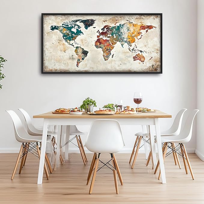 Extra Large Framed World Map Wall Art,Oversized Colorful Vintage Nautical Map Wall Decor Pictures for Living Room,Canvas Print Painting Modern Artwork Office Bedroom Home Decor 60L x30W