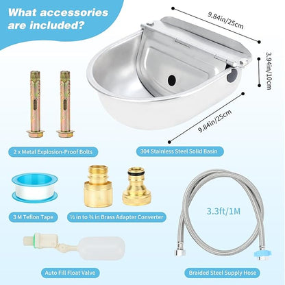 FHTONGE 304 Stainless Steel Automatic Water Dispenser with Drainage for Outdoor Big Dog, Large Auto Fill Dog Waterer Float Valves for Livestock Poultry Horse Cow Goat Pig Chicken Duck Rabbit Drinking