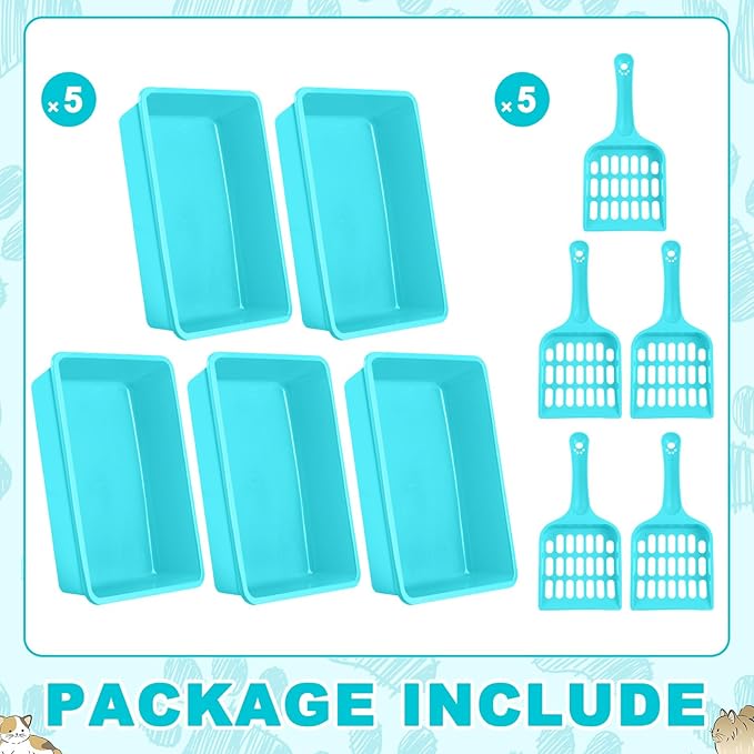Amyhill 5 Pcs Open Cat Litter Box Kitten Litter Pan with 5 Scooper Medium Plastic Pet Tray Durable Nonstick Kitten Box for Indoor Pets Cats Rabbit Supply Easy to Clean, 14.6x10.6x3.4 Inch (Blue)