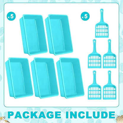 Amyhill 5 Pcs Open Cat Litter Box Kitten Litter Pan with 5 Scooper Medium Plastic Pet Tray Durable Nonstick Kitten Box for Indoor Pets Cats Rabbit Supply Easy to Clean, 14.6x10.6x3.4 Inch (Blue)