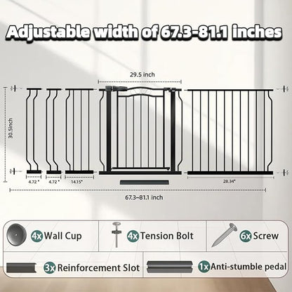 Extra Wide Baby Gate 67.3-81.1 Inch, Pressure Mounted Dog Gate Indoor, Walk Thru Pet Gate for Cat Dog Child,Pet Gates for The House Stairs Doorway Black