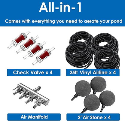 AquaMiracle All-in-One Koi Pond Aerator for Outdoor Ponds up to 3000 Gallons, Pond Air Pump Pond Aeration System with 4-Outlet Manifold Airline Tubing Air Stones Check Valves