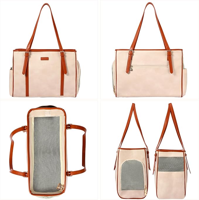 Fashion Dog Purse Pet Carrier Leather Bag for Small Dogs Cats Puppy, Portable Tote Bag Airline Approved Soft-Sided Carriers (Beign)