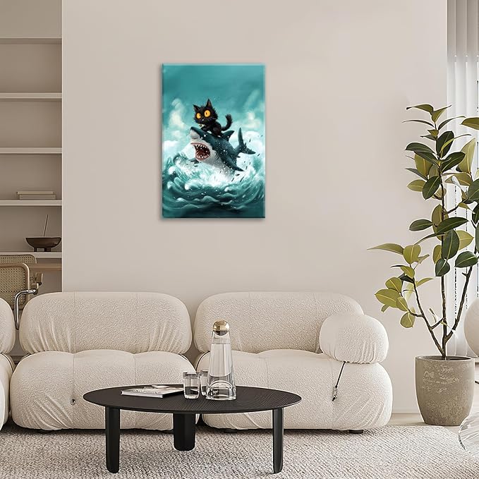 Funny Black Cat Bathroom Wall Art Cute Cat Riding Shark Canvas Wall Decor Animal Kitten Pictures Painting Print Artwork Framed Decorations Gifts for Cat Lover Kids Room Bedroom 16"x24"