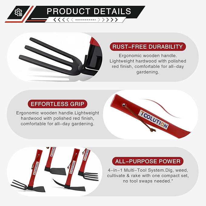 Garden Tool Set with Tool Box 4 Piece Heavy Duty Gardening Tools Kit with Hoe Rake Shovel Fork Non Slip Handle Garden Hand Tools for Digging Weeding Planting