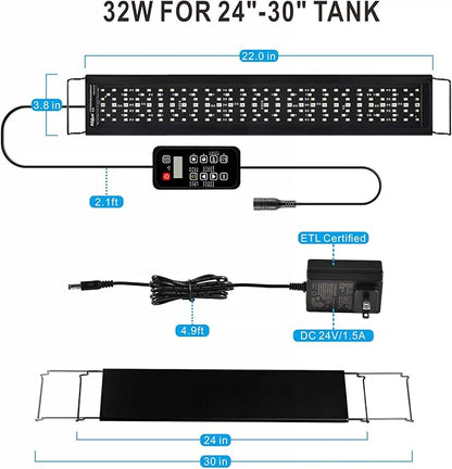 Advanced 7-Row LED Aquarium Light, Easy Setup Controller, Auto On Off Full Spectrum Fish Tank Light, 24/7 Lighting Cycle, 8 Colors, 10 Level Dimming, 32W for 24"-30" Freshwater Planted Tank