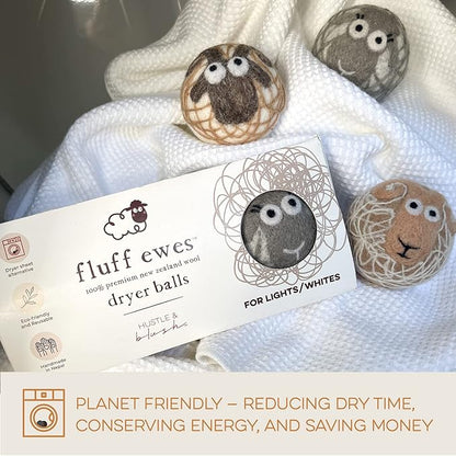 Fluff Ewes Wool Dryer Balls 3 Pack Premium New Zealand Wool Laundry Balls for Dryer, No Static Dryer Balls Laundry Reusable Cute - XL Wool Dryer Balls Cute, Baby Dryer Balls for Dryers - Lights