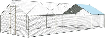 4ever2buy Large Metal Chicken Coop with Run Walk-in Poultry Cage Chicken Runs House Pen Cage Spire Roofed Chicken Coops with Anti-Ultraviolet Cover for Outdoor Backyard Farm Use 9.5’Lx24.9’Wx6.4’H