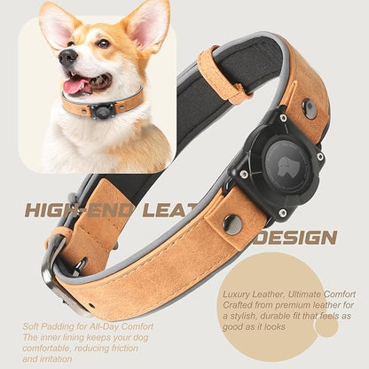 AirTag Dog Collar - Leather Dog Collar with Air Tag Holder | IPX8 Waterproof, Reflective, High - End, Adjustable Soft Padded | Dog GPS Tracker Collars Fit for Medium Large Dogs (Light Brown, L)