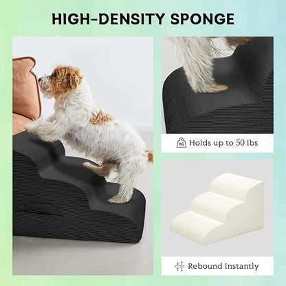 Dog Steps for Small Dogs, 3-Step Pet Ramp Stairs for High Beds and Sofa, Non-Slip Pet Stairs for Small Dogs and Cats, Removable and Easy to Clean Cover, Black