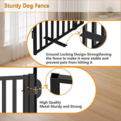 Free Standing Dog Gate with Door for Indoor Outdoor, Portable Dog Fence Foldable Design, Metal Black 32" Tall, Expandable 4 Panels Use for Front Door, Yard, Stairs