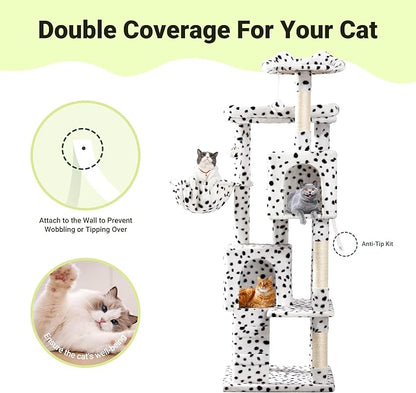 Allewie 64 Inches Cat Tree Tower/Multi-Level Activity Center for Indoor Big Felines/2 Plush Condos/2 Perchs/Basket/House/Sisal Scratching Posts/Hanging Cat Toys/White & Black Spot
