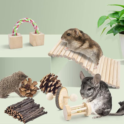 ERKOON New 12 Pack Hamster Chew Toys Gerbil Rat Guinea Pig Chinchilla Chew Toys Accessories, Natural Wooden Dumbbells Exercise Bell Roller Teeth Care Molar Toy for Rabbits Bird Rabbits Hamster Gerbil