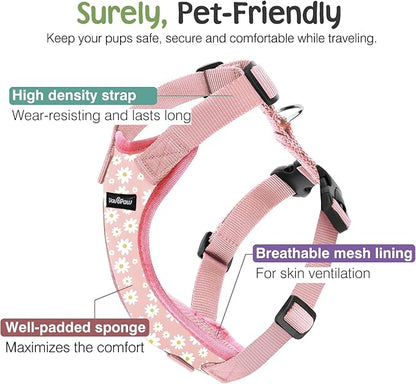 Dog Seat Belt, Safety Vest Dog Car Harness with Adjustable Buckle Dog Seat Belt for Vehicle Nylon Pet Safety Seat Belts Heavy Duty(M, Pink Daisy)