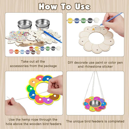 Fennoral 4 Pack Bird Feeder Kits for Kids Make Your Own Bird Feeders Wooden Art and Craft for Girls Boys Ornaments DIY to Paint Bird Feeders Craft for Spring Garden Outdoor Summer Activities Project