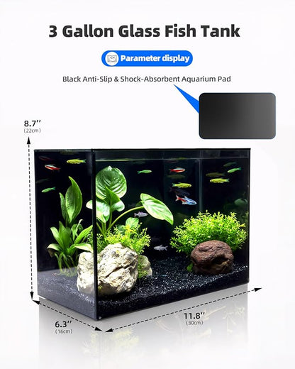 3 Gallon Clear Glass Fish Tank, Small Fish Tank Aquarium for Betta, Goldfish, Snail,Shrimp and Aquatic Planting