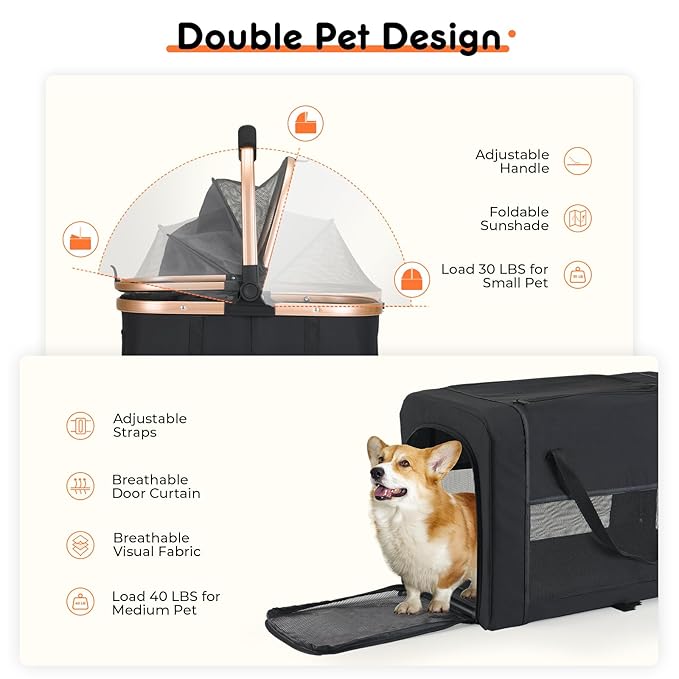 Double Pet Stroller for Small Medium Dogs - 4 In1 Dog Stroller for 2 Pets, Detachable and Foldable with 360°Rotating Wheels, Easy Assembly and Compact Size