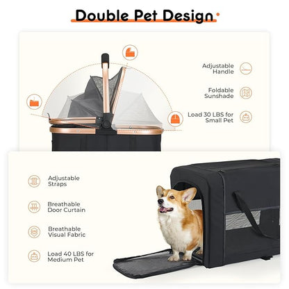 Double Pet Stroller for Small Medium Dogs - 4 In1 Dog Stroller for 2 Pets, Detachable and Foldable with 360°Rotating Wheels, Easy Assembly and Compact Size