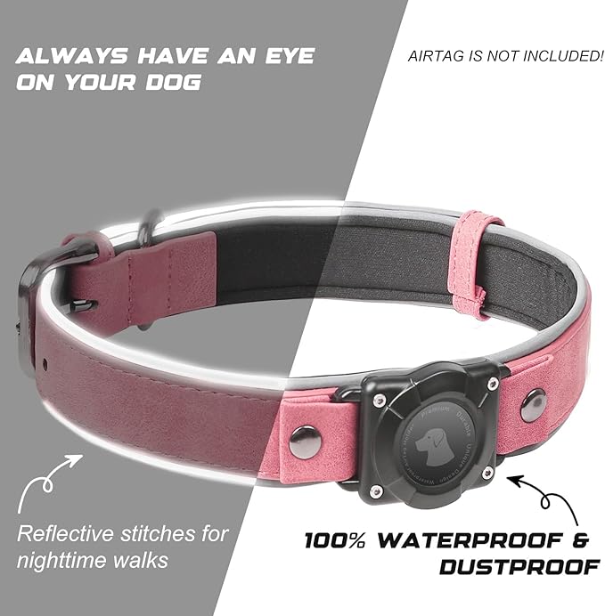 AirTag Dog Collar - Leather Dog Collar with Air Tag Holder | IPX8 Waterproof, Reflective, High - End, Adjustable Soft Padded | Dog GPS Tracker Collars Fit for Medium Large Dogs (Pink, XL)
