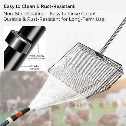 15" Extra-Wide Chicken Poop Scooper – Ergonomic Adjustable Handle (24-70in), Stainless Steel Sifting Shovel Deep Litter Cleaning for Chicken Coops, Goat - Chicken Coop Scoop for Sand, Straw, Hemp
