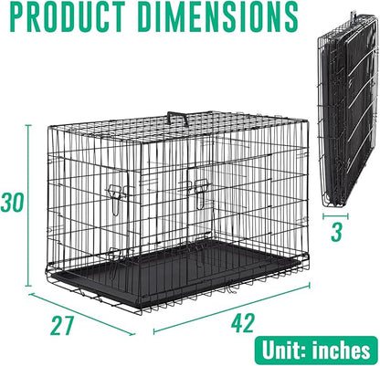 FDW Dog Crate for Large Dogs 42 Inch Folding Metal WirePet Cage Double Door W/Divider Panel Indoor Outdoor Kennel Leak-Proof Plastic Tray,Black
